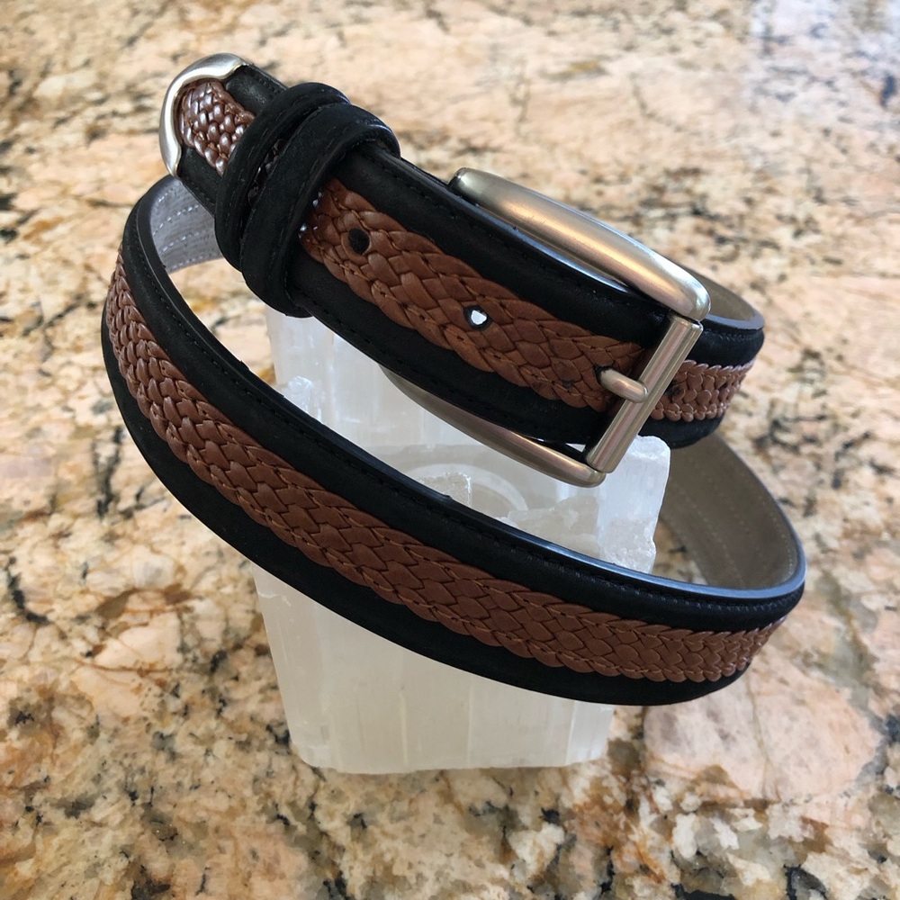 Tommy🌴Bahama Woven Suede Leather Belt Black Brown Silver-tone Buckle 🌴🌴🌴